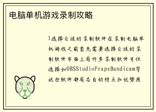 电脑单机游戏录制攻略