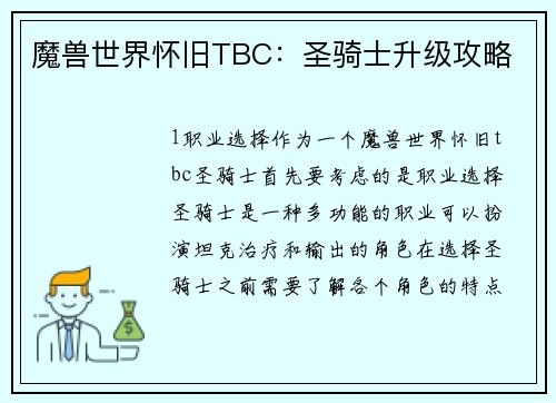 魔兽世界怀旧TBC：圣骑士升级攻略